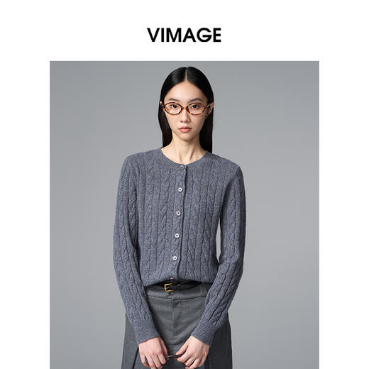 VIMAGE纬漫纪绵羊毛复古多色时尚绞花针织开衫上衣2025秋季新款V2401103 商品图5