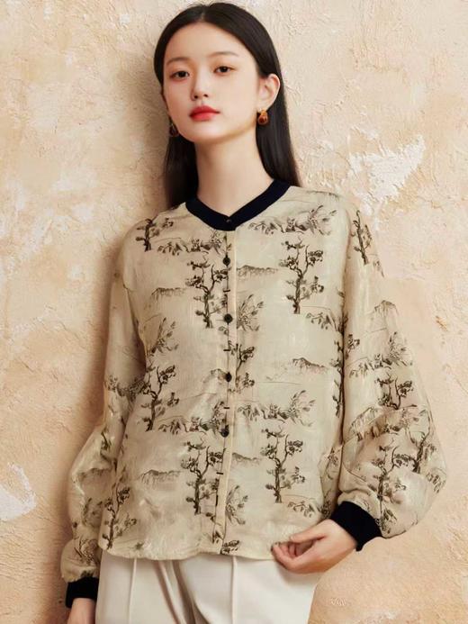 11.11直降到底！！【秋新品】古泥7579 新中式提花宽袖拼色领衬衫-喜出 商品图0