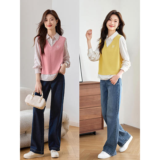 【年终特卖】熙世界学院风条纹衬衫拼接假两件卫衣女时尚别致上衣2025秋季新款 商品图4