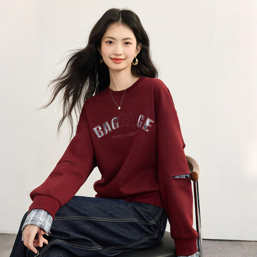 【周末秒杀】熙世界安可雷风撞色拼接长袖字母卫衣女秋季新款宽松休闲圆领上衣 商品图3