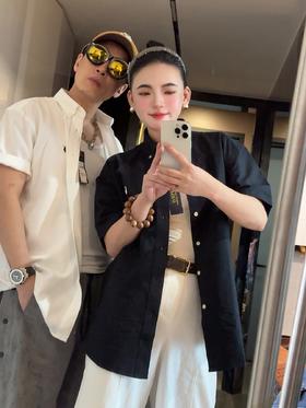 拉家短袖衬衫纯色小马刺绣时尚百搭(波哥穿L合适,蕾姐黑色L,白色2XL)