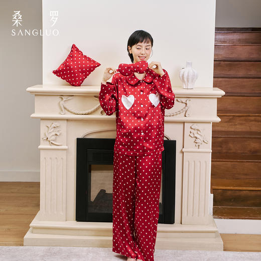 红运当头』桑罗爱心真丝睡衣套装100%桑蚕丝女款可外穿家居服送礼 商品图4