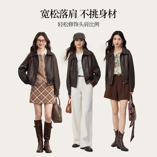 【09/17新品】熙世界可露丽风棕色皮外套女短款2025秋季新款复古PU夹克翻领皮衣 商品图2