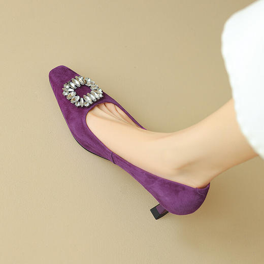 【预售5天】软面羊皮单鞋女方头水钻中跟细跟浅口紫色低帮鞋气质单鞋SLLK&sl-8006 商品图0