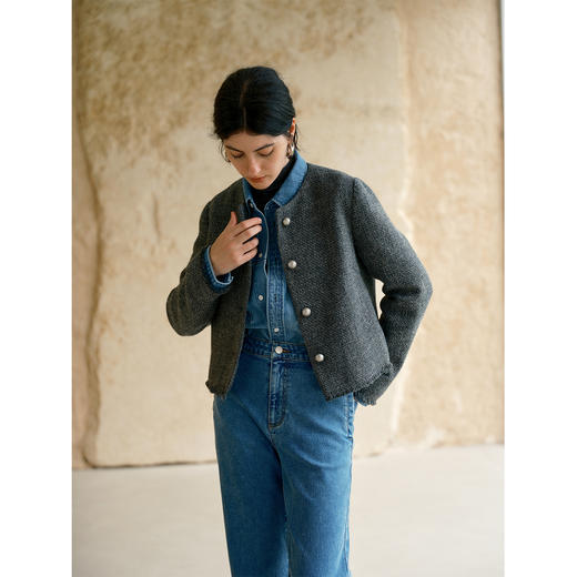 HeyDress圆领毛边粗花呢外套 商品图0