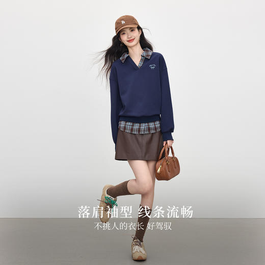 【09/17新品】熙世界MIU系学院假两件卫衣女设计感秋季宽松套头格子POLO领上衣 商品图2