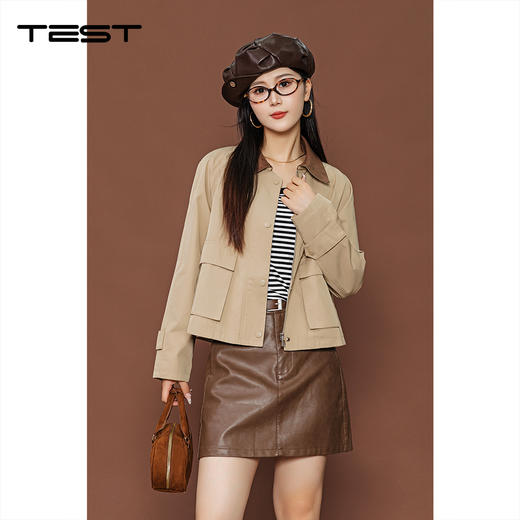 秋上新卡其色工装风复古翻领时尚短款风衣外套2253002 商品图0