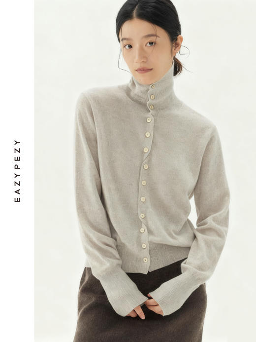 立领纽结系扣羊绒开衫 商品图0