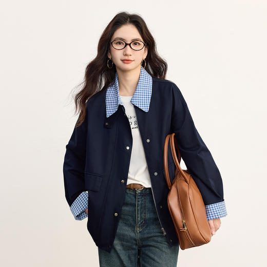 【09/17新品】熙世界假两件格子POLO领外套女2025秋季新款休闲拉链开衫短款上衣 商品图4