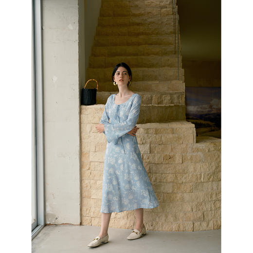 HeyDress印花斜裁剪圆领飘带连衣裙 商品图3