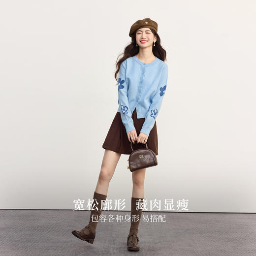 【09/17新品】熙世界拼色提花蓝色针织衫女长袖2025秋新款百搭圆领气质毛衣开衫 商品图2