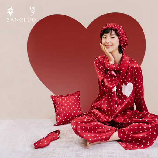 红运当头』桑罗爱心真丝睡衣套装100%桑蚕丝女款可外穿家居服送礼 商品图5