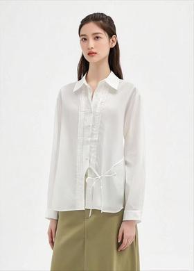 12.12错过没有！清货不退退货勿拍【秋新品】古泥品牌7070 100%精梳棉设计感压褶绑带衬衫-喜出