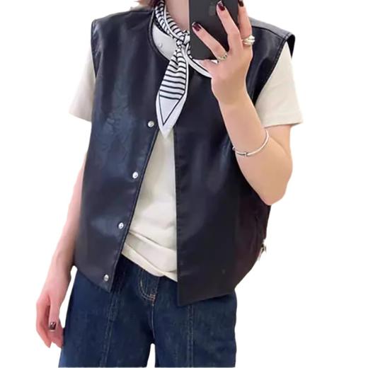 百媚生 PU皮马甲女复古休闲宽松无袖坎肩马夹n6194 商品图4