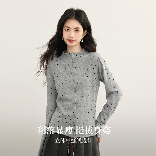 【年货节】熙世界植绒波点半高领T恤女2025秋冬新款修身内搭打底衫长袖上衣 商品图1