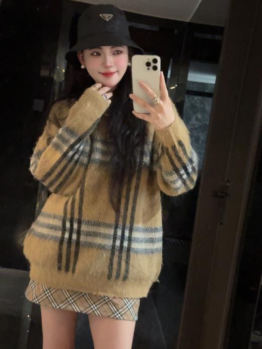 巴家马海毛格纹圆领套头格子毛衣长袖羊绒衫 男女款 商品图7