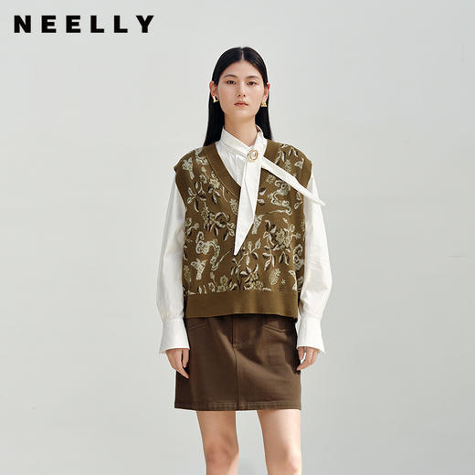 NEELLY纳俪商场同款秋季新款复古V领提花针织衫女显白休闲背心N25082A01080 商品图0