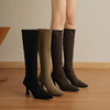 OLD 8893不过膝长筒靴高跟尖头显瘦瘦靴侧拉链粗跟绒面 商品缩略图0