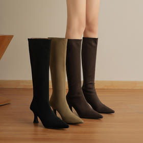 OLD 8893不过膝长筒靴高跟尖头显瘦瘦靴侧拉链粗跟绒面