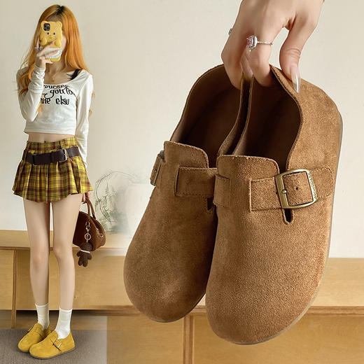 复古平底勃肯鞋女2025年春秋冬款加绒新款一脚蹬拖鞋软底防滑半包/全包博肯 商品图2