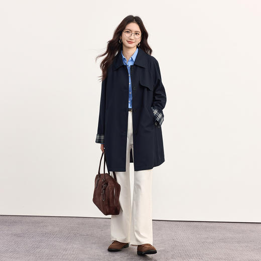 【09/17新品】熙世界淡人穿搭风衣外套女高级感格纹翻边袖中长款大衣2025秋新款 商品图4
