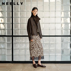 NEELLY纳俪商场同款秋新款豹纹蕾丝拼接半身裙女高级感显瘦中长裙N25082E01097
