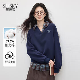 【09/17新品】熙世界MIU系学院假两件卫衣女设计感秋季宽松套头格子POLO领上衣