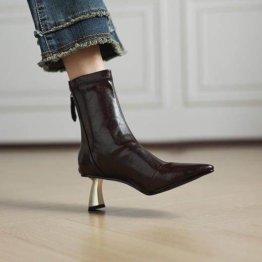 OLD 1266法式真皮尖头粗跟弹力显瘦短靴后拉链踝靴高跟 商品图1