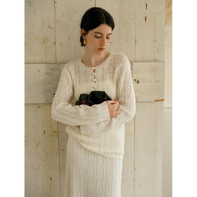 HeyDress镂空勾针圆领毛衣/钩针A摆松紧腰针织羊毛半裙