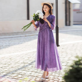 【林栖设计小店】【林栖推荐】天然婴儿棉柔软苜蓿紫秋季新款炒色工艺芭蕾式立体花连衣裙女N1953347