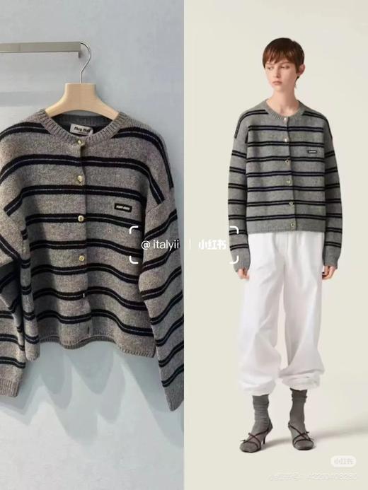 miumi*|缪系刺绣徽标羊毛混纺针织圆领 女士条纹学院风开衫小外套 商品图1