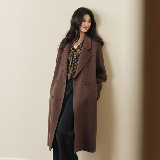 【严选】诗凡黎绵羊毛翻领长款大衣2025秋冬新款双排扣气质通勤双面呢外套7G8170731D 商品图5