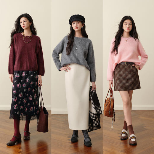 【严选】孟子义代言诗凡黎圆领拉毛羊毛针织衫2025冬新款软糯舒适套头毛衣7G9132871Q 商品图1