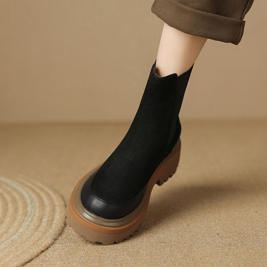 【预售5天】轻巧舒适圆头松糕底切尔西靴女秋冬新款真皮复古磨砂厚底短筒骑士靴MDY&AM2169-20 商品图2