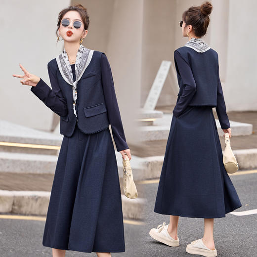 HR YBX8607法式轻熟风气质马甲套装裙洋气时髦半身裙三件套 商品图1