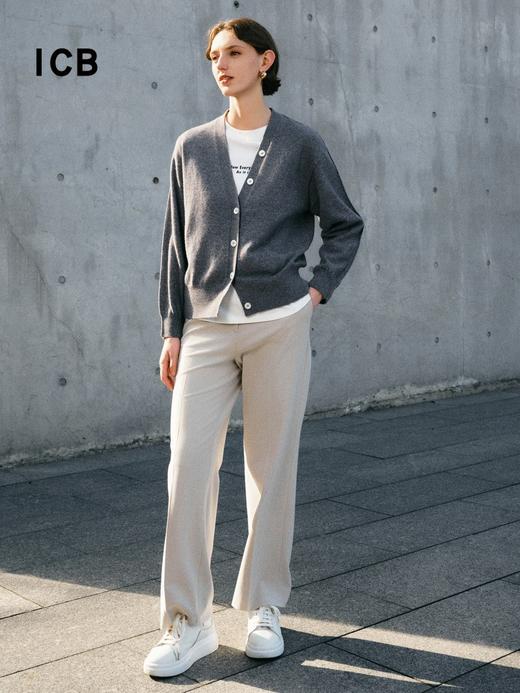 ICB日系春季通勤宽松纯山羊绒V领针织毛衣开衫编织羊绒衫商场同款 商品图4