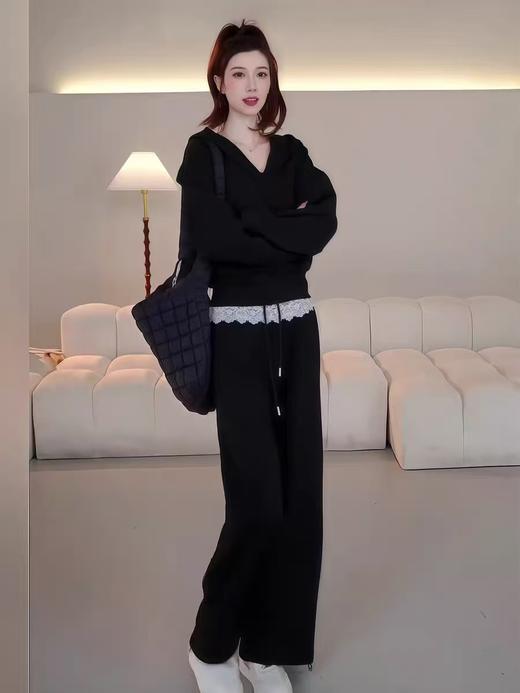 【秋上新】（套装）808黑色连帽上衣➕蕾丝边直筒裤两件套-喜出 商品图8