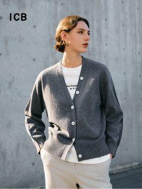 ICB日系春季通勤宽松纯山羊绒V领针织毛衣开衫编织羊绒衫商场同款