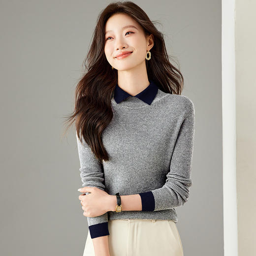 气质撞色翻领针织衫女秋冬修身打底衫百搭短毛衣百搭减龄通勤上衣 商品图2