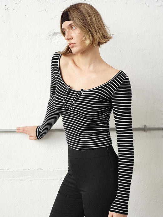 TR她热 松弛刻度 灰色条纹软糯假两件基础款百搭弹力打底衫上衣 商品图3