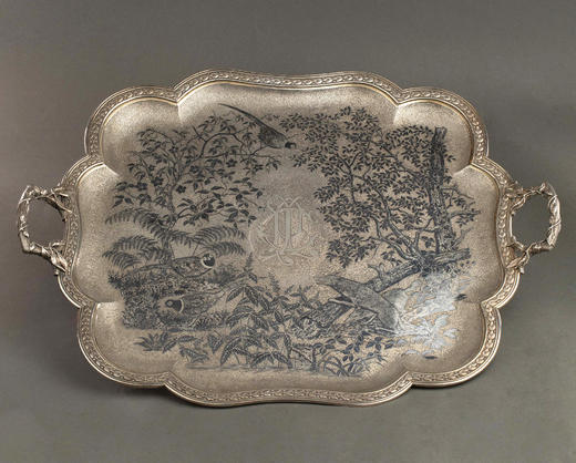 独角鹿西洋古董19世纪法国出品花押字母纹及森林狩猎主题纯银精雕嵌黑色合金双耳托盘 商品图0