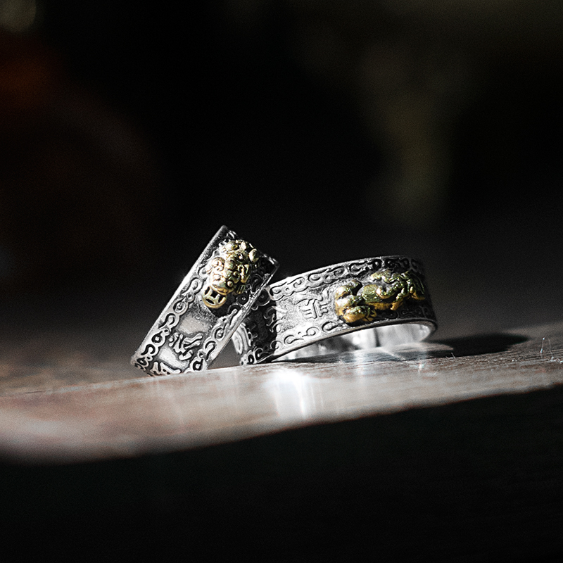 董易奇足银心经戒指黄铜貔貅吉祥物男女纯银活口对戒