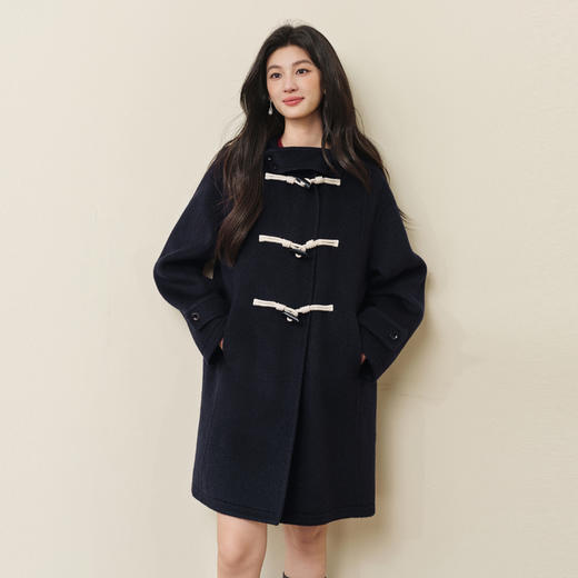 【严选】诗凡黎学院风牛角扣连帽毛呢外套2025冬新款气质羊毛双面呢大衣女7G9370241 商品图2