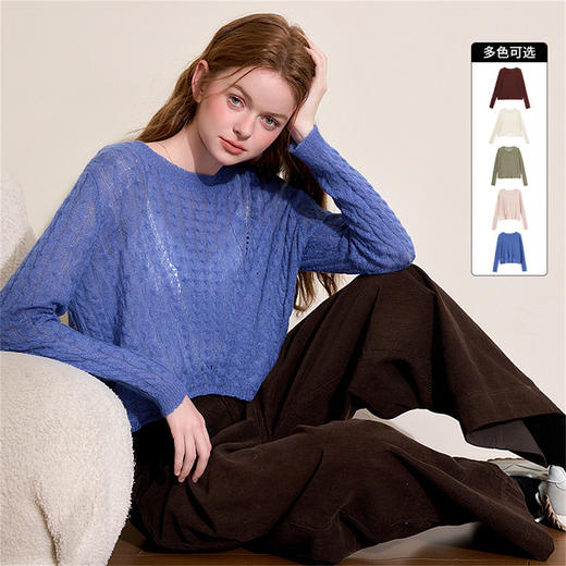 甜美温柔慵懒感长袖圆领针织衫女轻薄短款罩衫毛衣V0042881 商品图0