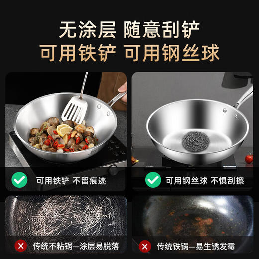 贝伦斯炒锅304不锈钢炒菜锅无涂层平底家用炒锅燃气灶电磁炉通用锅具 商品图5