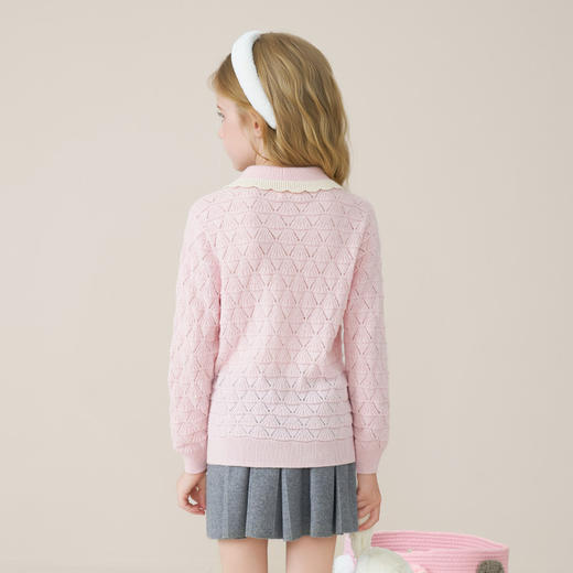 儿童100%羊绒衫2025秋冬女童花边翻领针织毛衣镂空提花甜美打底衫 商品图4