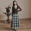 秋冬设计感穿搭复古显瘦针织杉假两件上衣格纹百褶长裙两件套 商品缩略图2