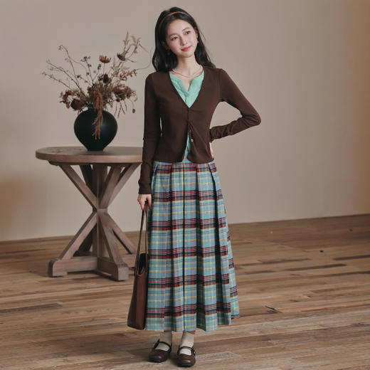 秋冬设计感穿搭复古显瘦针织杉假两件上衣格纹百褶长裙两件套 商品图2