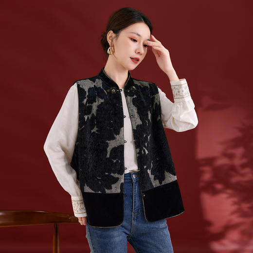 QS秋冬新款新中式马甲撞色设计100桑蚕丝丝绒上衣女百搭日常款1779 商品图2