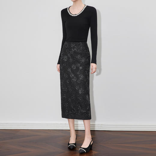 「高货wl」全新升级【铂金会员220/天猫299/差价79】(01307)洛诗琳法式重工银丝刺绣半身裙2025秋季气质蕾丝直筒裙女 商品图0